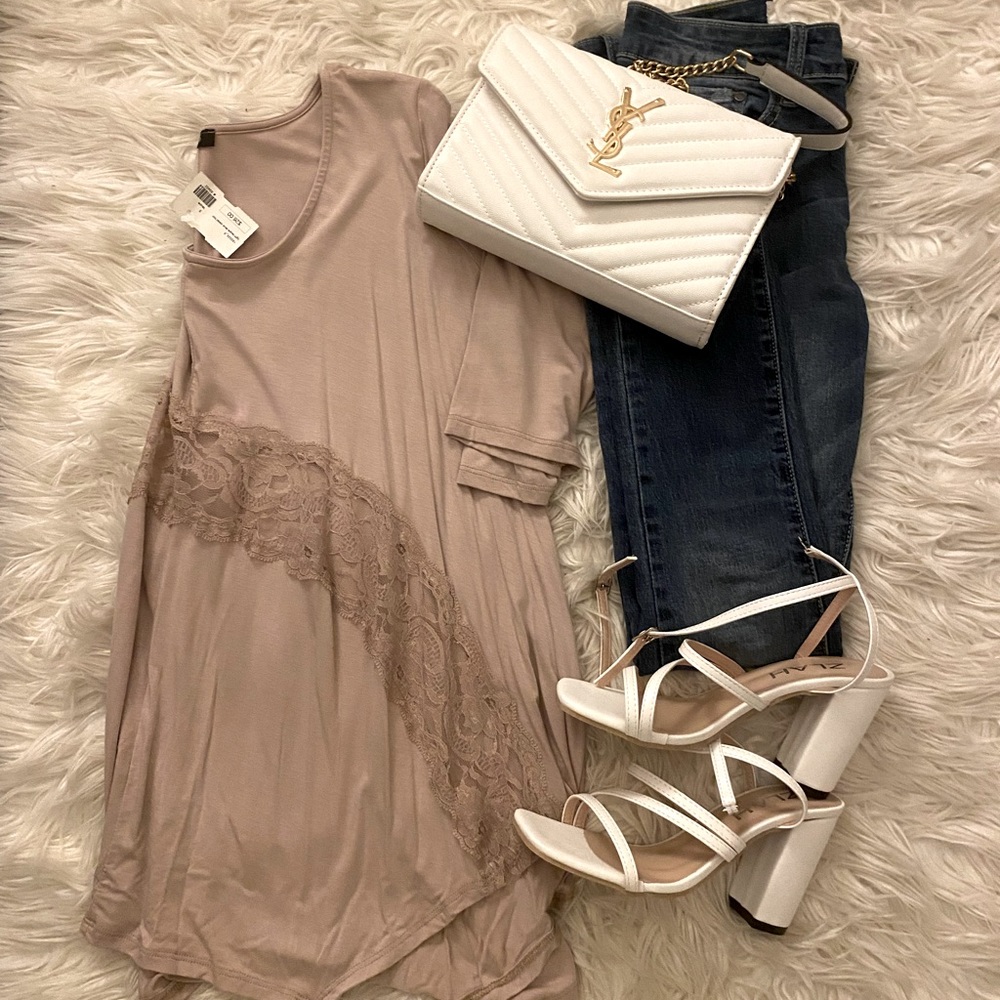 NWT Taupe lace detail loose top